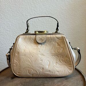 Patricia Nash Latte Gracchi Frame Tooled Leather Satchel Handbag